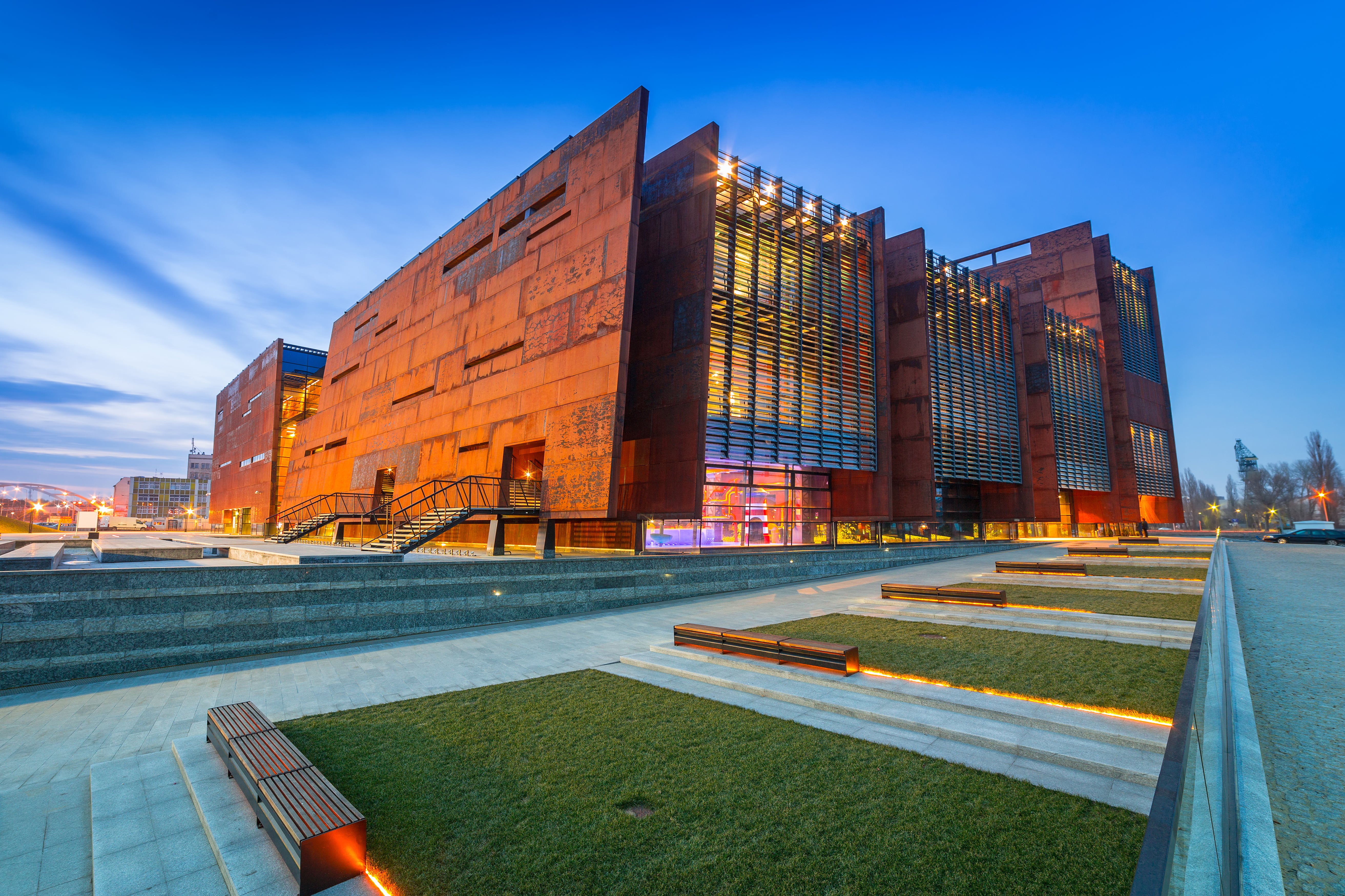 Rusty steel building of European Solidarity Museum in Gdansk